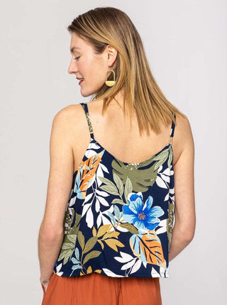 Camisole à fines bretelles ample et confortable avec motif tropical marine, bleu et vert. Designer québécois.