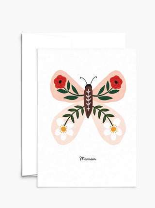 Carte de souhait Papillon Maman Mimi & August, représentant un papillon fleuri. Parfaite idée de cadeau pour une femme et pour la fête des mères. Fabriquée au Canada.