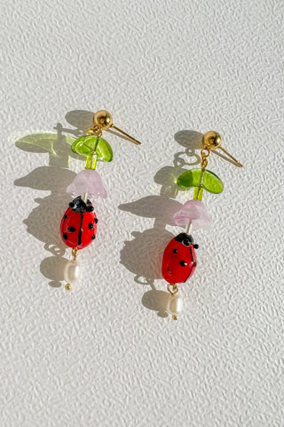 YELLOW DOTS Ladybug and Freshwater Pearl Earrings