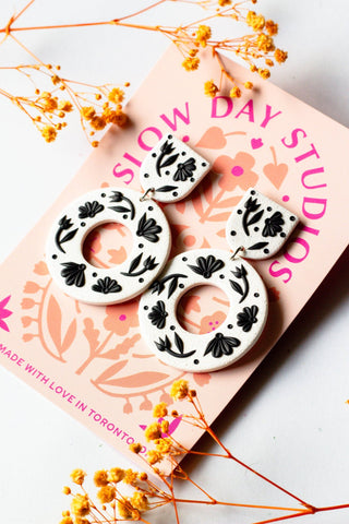 SLOW DAY STUDIOS Floral Crown Earrings - Black and White