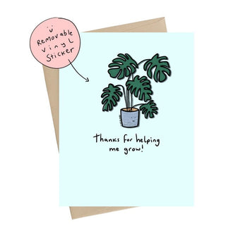Carte de souhait turquoise inscrit: thanks for helping me grow avec un autocollant d'une plante tropicale. Idée cadeau.