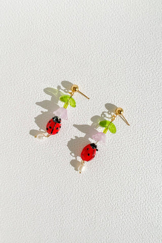 YELLOW DOTS Ladybug and Freshwater Pearl Earrings