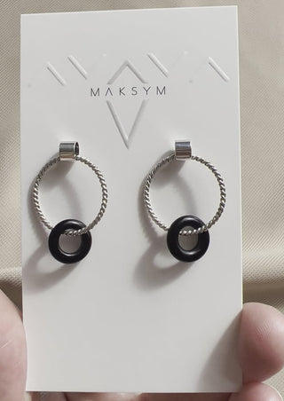 MAKSYM Boucles d'Oreilles Anneaux Torsadés + Onyx Noire - Argent