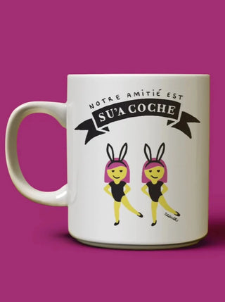 OUI MANON Tasse - Notre amitié est su'a coche, tasse avec l'emoji des filles en  lapin qui dansent. Imprimée à Montréal.