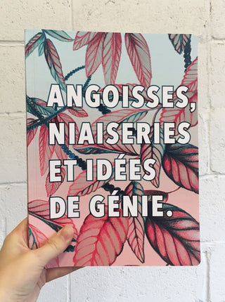 Carnet de note avec feuilles tropicales bleu dégradé rose inscrit: angoisses, niaiseries et idées de génie. Parfait idée cadeau pour femme. 