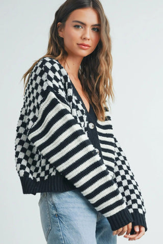 BUTTERMELON Cardigan Carreaux et Rayure - Noir et Blanc