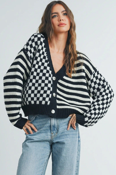 BUTTERMELON Cardigan Carreaux et Rayure - Noir et Blanc