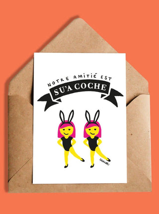 OUI MANON Carte - Amitié su'a coche, avec les emojis des filles en lapin qui dansent.