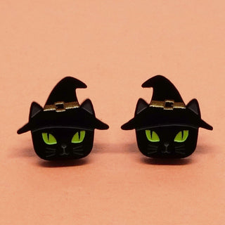 Boucle d'oreille chat noir avec chapeau de socière. Parfait idée cadeau femme. Bijoux fait au Québec.