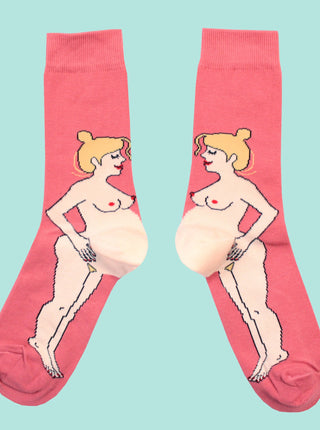 COUCOU SUZETTE Chaussettes Enceinte - Blanc, chaussettes avec ventre de femme blonde enceinte au talon. Parfaite idée de cadeau pour femme.