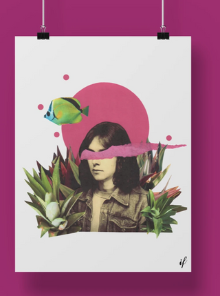 OUI MANON Affiche - Papstar, affiche collage d'une femme avec des plantes et un poisson. Fait localement à Montréal.