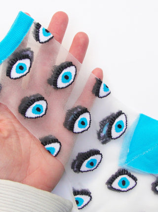 COUCOU SUZETTE Chaussettes Transparentes - Oeil Bleu, parfaite idée de cadeau pour femme.